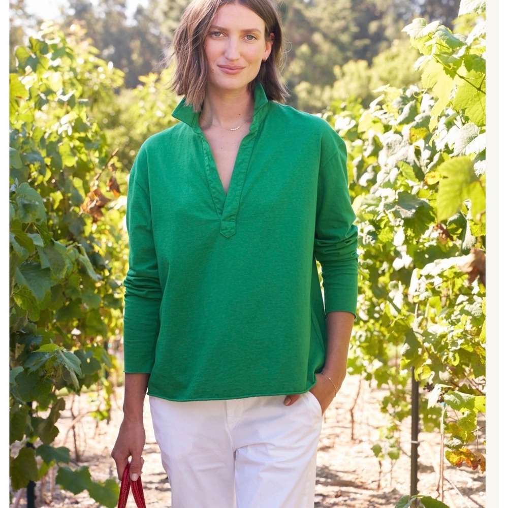 Frank & Eileen Patrick Popover Henley Polo Long Sleeve Top Green Nautical FLAW